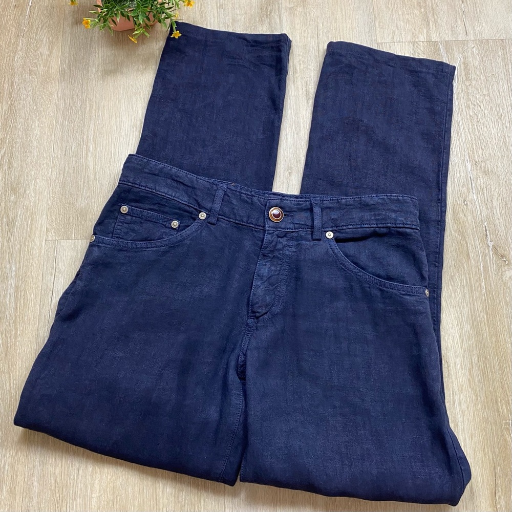 Etro Linen Straight Leg Navy Blue Casual Pants
